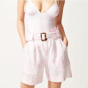 Solid & Striped Paperbag-Waist Plad Linen Shorts Women Pink Small